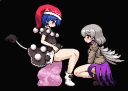 Rule 34 | 2girls, bad id, bad twitter id, bare legs, blue eyes, blue hair, blush, boots, brown footwear, clothes lift, clothes pull, doremy sweet, dream soul, dress, from side, grey hair, grey wings, hat, jacket, kishin sagume, lowres, multiple girls, namako daibakuhatsu, nightcap, no shoes, pixel art, pom pom (clothes), pulled by self, purple dress, purple skirt, red eyes, santa hat, short dress, short hair, short sleeves, single wing, sitting, skirt, skirt lift, socks, squatting, tail, tapir tail, thighs, touhou, white legwear, wings, yuri