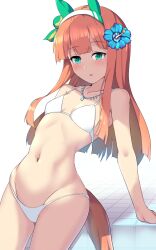 Rule 34 | 1girl, animal ears, bikini, blunt bangs, breasts, ear covers, flower, groin, hair flower, hair ornament, highres, horse ears, horse girl, horse tail, jewelry, long hair, looking at viewer, necklace, orange hair, silence suzuka (umamusume), simple background, small breasts, solo, sousakubito, swimsuit, tail, umamusume, white background, white bikini
