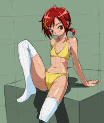 Rule 34 | 10s, 1girl, bikini, green background, hino akane (smile precure!), looking at viewer, precure, red eyes, red hair, rohitsuka, short hair, sitting, sketch, smile, smile precure!, solo, swimsuit, thighhighs, white thighhighs, yellow bikini