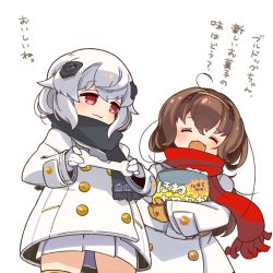 Rule 34 | 2girls, azur lane, beagle (azur lane), bone, brown hair, bulldog (azur lane), commentary request, eating, closed eyes, fang, hair ornament, long coat, mota, multiple girls, open mouth, red eyes, scarf, short hair, silver hair, simple background, translation request, white background