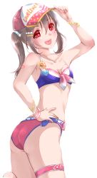 Rule 34 | 1girl, :d, absurdres, arm up, baseball cap, bikini, blue bikini, bracelet, breasts, brown hair, cleavage, collarbone, copyright name, cowboy shot, hair between eyes, hand on own hip, hat, highres, jewelry, kobayashi nyoromichi, long hair, love live!, love live! school idol project, mismatched bikini, open mouth, red bikini, red eyes, simple background, small breasts, smile, solo, standing, swimsuit, thigh strap, twintails, white background, yazawa nico