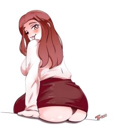Rule 34 | 1girl, ass, breasts, freckles, large breasts, long hair, monochrome, naughty face, office lady, one eye closed, panties, shirt tucked in, skirt, solo, tongue, tongue out, trees (treesuneart), underwear, wink