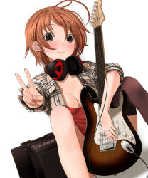 Rule 34 | 1girl, amplifier, bad id, bad pixiv id, between legs, black thighhighs, blush, breasts, brown hair, guitar, headphones, headphones around neck, instrument, kinugasa yuuichi, legs up, multicolored eyes, nail polish, original, pink nails, plaid, short hair, simple background, single thighhigh, sitting, sleeves rolled up, small breasts, smile, solo, speaker, thighhighs, v