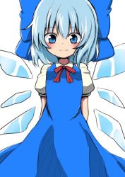 Rule 34 | 1girl, arms behind back, blue bow, blue dress, blue eyes, blue hair, bow, breasts, cirno, collared shirt, commentary request, dress, hair between eyes, hair bow, highres, ice, ice wings, ikusu (ikustasy), long dress, neck ribbon, pinafore dress, puffy short sleeves, puffy sleeves, red ribbon, ribbon, shirt, short hair, short sleeves, simple background, sleeveless dress, small breasts, solo, touhou, white background, white shirt, wings