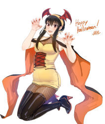 Rule 34 | 1girl, absurdres, alternate costume, bat earrings, black hair, boots, claw pose, demon wings, dress, earrings, fake wings, fangs, fingernails, fishnet pantyhose, fishnets, hairband, halloween, hands up, happy halloween, head wings, high heels, highres, jewelry, justin leyva (steamy tomato), kneeling, looking at viewer, open mouth, pantyhose, red eyes, red nails, sharp fingernails, solo, spy x family, thigh boots, wings, yellow dress, yellow hairband, yor briar