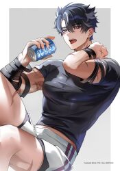 Rule 34 | 1boy, abs, bandages, black hair, black shirt, blue eyes, can, earrings, genshin impact, grey hair, hair between eyes, highres, holding, holding can, jewelry, male focus, midriff, multicolored hair, open mouth, scar, shirt, short hair, shorts, solcha, solo, streaked hair, tongue, tongue out, white shorts, wriothesley (genshin impact)