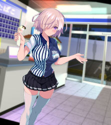 Rule 34 | 1girl, barcode scanner, black skirt, blue shirt, blush, breasts, collared shirt, convenience store, employee uniform, fate/grand order, fate (series), hair over one eye, highres, koohii koucha maru, large breasts, lawson, light purple hair, looking at viewer, mash kyrielight, pleated skirt, purple eyes, shirt, shop, short hair, short sleeves, skirt, smile, solo focus, thighhighs, thighs, two-tone shirt, uniform, white shirt, white thighhighs, window