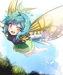 Rule 34 | 1girl, antennae, aqua hair, bare legs, barefoot, blush, butterfly wings, day, dress, eternity larva, fairy, flying, green dress, hair between eyes, hellnyaa, insect wings, leaf, leaf on head, multicolored clothes, multicolored dress, open mouth, orange eyes, short hair, single strap, smile, solo, touhou, wings