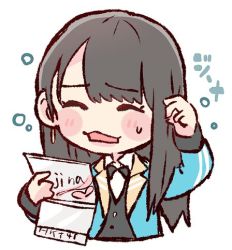 Rule 34 | 1girl, :3, black bow, black bowtie, black hair, blue jacket, blush stickers, bow, bowtie, character name, chibi, earrings, hkt48, holding, jacket, jewelry, kojina yui, long hair, long sleeves, lowres, open mouth, real life, scratching head, simple background, solo, sweatdrop, taneda yuuta, upper body, white background