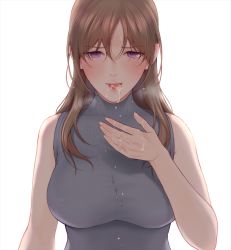 Rule 34 | 1girl, bad id, bad twitter id, bare shoulders, blush, breasts, cum, cum in mouth, cum on hands, edogawa roman, gokkun, grey shirt, hair between eyes, large breasts, long hair, looking at viewer, open mouth, original, purple eyes, ribbed shirt, shirt, sidelocks, sleeveless, sleeveless shirt, tongue, tongue out, turtleneck, upper body
