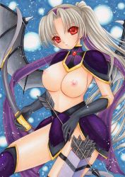 Rule 34 | 1girl, absurdres, arrow (projectile), black gloves, bow (weapon), breasts, demon wings, female focus, gloves, head tilt, highres, long hair, looking at viewer, marker (medium), mocomoco party, nipples, original, ponytail, quiver, red eyes, ribbon, silver hair, solo, traditional media, weapon, wings