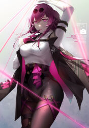 Rule 34 | 1girl, absurdres, arm up, black choker, black jacket, black shorts, breasts, brown pantyhose, buttons, chiroyo, choker, closed mouth, collared jacket, collared shirt, eyewear on head, gloves, gradient background, grey background, hair between eyes, hand up, high-waist shorts, highres, honkai: star rail, honkai (series), jacket, jewelry, kafka (honkai: star rail), large breasts, lips, lipstick, long sleeves, looking at viewer, makeup, open clothes, open jacket, pantyhose, pink eyes, pink gloves, puffy long sleeves, puffy sleeves, purple hair, ring, round eyewear, shirt, short hair, short hair with long locks, shorts, sidelocks, simple background, smile, solo, spider web print, standing, sunglasses, thread, white background, white shirt