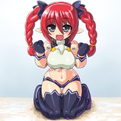 Rule 34 | 10s, 1girl, bad id, bad pixiv id, black eyes, blush, braid, breasts, busou shinki, dd (ijigendd), doll joints, fang, joints, kneeling, large breasts, long hair, pointy ears, red hair, solo, thighhighs, twin braids, vespelio