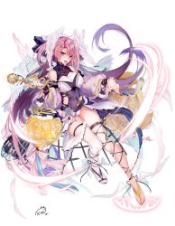 Rule 34 | 1girl, :d, aqua ribbon, ark order, bare shoulders, breasts, covered navel, detached sleeves, dress, feathered wings, floating, full body, hair ribbon, hand up, head wings, hermes (ark order), highres, holding, holding scepter, knee up, large breasts, long hair, looking at viewer, obiwan, official art, open mouth, panties, pink hair, purple eyes, ribbon, sandals, scepter, sidelocks, signature, simple background, single thighhigh, sleeveless, smile, solo, thigh strap, thighhighs, toeless footwear, underwear, very long hair, white background, white panties, white thighhighs, wings