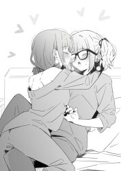 2girls after_kiss arms_around_neck blush closed_eyes commentary earrings girls_band_cry glasses greyscale highres hina_(girls_band_cry) indoors iseri_nina jewelry long_sleeves lwmina70119 monochrome multiple_girls nail_polish off_shoulder on_bed open_mouth pajamas shirt short_twintails sitting sitting_on_lap sitting_on_person sweatdrop tongue tongue_out twintails yuri