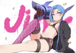 Rule 34 | 1girl, belt, belt skirt, bikini, bikini top only, braid, character name, fingerless gloves, flat chest, gloves, highres, jacket, jewelry, jinx (league of legends), league of legends, long hair, navel, necklace, over shoulder, pale skin, purple eyes, single thighhigh, swimsuit, tattoo, thighhighs, twin braids, very long hair