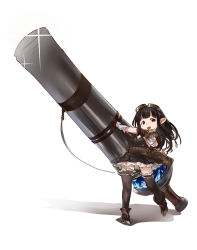 Rule 34 | 10s, 1girl, absurdres, ao (aocooler), black eyes, black hair, black thighhighs, blush, boots, cannon, dress, full body, gloves, goggles, goggles on head, granblue fantasy, highres, huge weapon, jessica (granblue fantasy), long hair, looking at viewer, open mouth, pointy ears, simple background, smile, solo, thighhighs, weapon, white background, white gloves