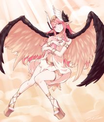 Rule 34 | 1girl, animal, armlet, brown wings, circe (fate), cloud, cross-laced sandals, fate/grand order, fate (series), feathered wings, grin, head wings, headpiece, highres, holding, holding animal, light, light rays, long hair, midriff, multicolored eyes, orange sky, pig, pink hair, pointy ears, scarlet zel, sky, smile, solo, teeth, thighlet, white wings, winged hair ornament, wings