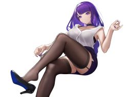 Rule 34 | 1girl, absurdres, black bra, black footwear, black thighhighs, blunt bangs, bra, bra peek, breasts, choker, closed mouth, collarbone, commentary, crossed legs, dot nose, earrings, garter straps, genshin impact, hand up, high heels, highres, invisible chair, jewelry, large breasts, legs, long hair, looking at viewer, miniskirt, mole, mole under eye, nail polish, pulling own clothes, purple eyes, purple hair, purple nails, raiden shogun, see-through, shirt, shoe dangle, simple background, sitting, skirt, sleeveless, sleeveless shirt, solo, terebi (shimizu1996), thighhighs, thighs, underwear, white background, white shirt