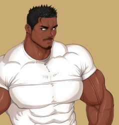 Rule 34 | 1boy, abs, bad id, bad pixiv id, bara, beard, black hair, broad shoulders, brown eyes, close-up, dark-skinned male, dark skin, facial hair, kuromine hiraya, male focus, manly, mature male, muscular, muscular male, nipples, original, shirt, smile, solo, spiked hair, stubble, t-shirt, thick arms, thick eyebrows, tight clothes, upper body, veins, veiny arms