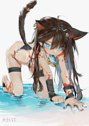 Rule 34 | 1girl, absurdres, all fours, animal ears, barefoot, black nails, black ribbon, blue hair, brown hair, cat ears, cat tail, earrings, fang, fish in mouth, flat chest, flower, hair flower, hair ornament, highres, in water, jewelry, kentllaall, leg ribbon, light blush, long hair, looking at viewer, messy hair, nail polish, necklace, nude, original, panties, ribbon, shell hair ornament, skindentation, solo, tail, tail ornament, tail ring, tattoo, thigh ribbon, tooth necklace, topless, underwear, wet, wet hair, white background, wrist ribbon