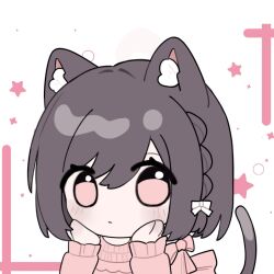 Rule 34 | 1girl, animal ear fluff, animal ears, blush, braid, cat ears, cat girl, cat tail, chibi, closed mouth, commentary request, hair between eyes, hands up, kemonomimi mode, long sleeves, looking at viewer, pink shirt, project sekai, puffy long sleeves, puffy sleeves, red eyes, shinonome ena, shirt, simple background, sleeves past wrists, solo, star (symbol), starry background, tail, tail raised, white background, xijian