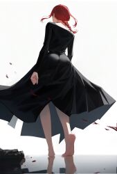 Rule 34 | 1girl, ass, barefoot, black dress, blood, blood splatter, braid, braided ponytail, chainsaw man, dress, feet, from behind, full body, heel up, highres, long hair, long sleeves, makima (chainsaw man), red hair, reflective floor, shadow, soles, timruya, toes, white background