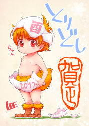 Rule 34 | 1girl, 2017, blush stickers, brown footwear, chestnut mouth, chinese zodiac, collarbone, commentary request, cracked egg, eggshell, eggshell hat, full body, lee (colt), looking at viewer, messy hair, navel, new year, nipples, orange fur, orange hair, original, short hair, small nipples, solo, stamp mark, standing, tareme, topless, translation request, white headwear, year of the rooster