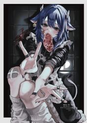 Rule 34 | 1girl, animal ears, animal print, bandage on knee, bandaid, bandaid on hand, black eyes, black nails, blood, blood on face, blue hair, cow ears, cow girl, cow print, cow tail, double v, ear tag, eyes visible through hair, food, food in mouth, highres, horns, leg warmers, meat, nail polish, original, piercing, sayuna sr, solo, tail, twitter username, v