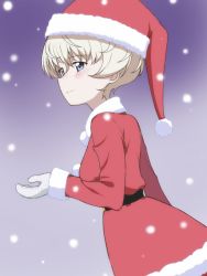 Rule 34 | 1girl, blue eyes, blush, christmas, closed mouth, coat, commentary request, from side, fur-trimmed coat, fur trim, girls und panzer, gloves, hat, kayabakoro, light smile, long sleeves, looking at viewer, red coat, santa costume, santa hat, short hair, silver hair, snowing, solo, standing, white gloves, youko (girls und panzer)