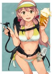 Rule 34 | 1girl, akashi (kancolle), alcohol, backpack, bag, banned artist, beer, bikini, blunt tresses, border, breasts, cleavage, collarbone, commentary request, cowboy shot, glass, gradient bikini, green eyes, hair ribbon, kantai collection, large breasts, leaning forward, long hair, looking at viewer, makio (makiomeigenbot), navel, nozzle, open mouth, pink hair, ribbon, side-tie bikini bottom, solo, swimsuit, tress ribbon, visor cap, white border