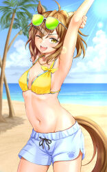 Rule 34 | 1girl, ;d, ahoge, animal ears, armpits, arms up, bare shoulders, beach, bikini, bikini shorts, blue shorts, blue sky, breasts, brown hair, cleavage, cloud, collarbone, commentary request, cowboy shot, day, earrings, eyewear on head, green-tinted eyewear, groin, hair between eyes, hair ornament, hairclip, highres, horse ears, horse girl, horse tail, jewelry, jungle pocket (tobasuze hot summer!) (umamusume), jungle pocket (umamusume), layered bikini, looking at viewer, medium hair, midriff, navel, necklace, ocean, official alternate costume, official alternate hairstyle, one eye closed, open mouth, outdoors, palm tree, ponytail, ribs, shorts, sidelocks, single earring, sky, small breasts, smile, solo, standing, sunglasses, sunlight, swimsuit, tail, teeth, tinted eyewear, tongue, tongue out, tree, umamusume, umino haruka (harukaumino6), upper teeth only, yellow bikini, yellow eyes
