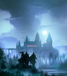 Rule 34 | 1girl, 2boys, absurdres, bridge, castle, commentary, forest, from behind, harry potter (series), highres, holding, holding wand, kalmahul, light, long hair, moon, moonlight, multiple boys, nature, night, outdoors, short hair, steam, tree, wand, water, wizarding world