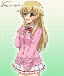 Rule 34 | 10s, 1girl, artist name, blonde hair, bow, bowtie, cardigan, carpaccio (girls und panzer), casual, commentary, cowboy shot, diagonal-striped bow, diagonal-striped bowtie, diagonal-striped clothes, diagonal-striped neckwear, dress shirt, girls und panzer, gradient background, green background, green eyes, long hair, long sleeves, looking to the side, miniskirt, one-hour drawing challenge, open mouth, pink sweater, pleated skirt, polka dot, polka dot background, red neckwear, shirt, signature, single horizontal stripe, skirt, smile, solo, standing, striped bow, striped bowtie, striped clothes, striped neckwear, sweater, twitter username, white shirt, white skirt, wing collar, zanntetu
