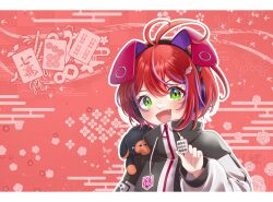 Rule 34 | 1girl, :d, akane canna, akane canna (2nd costume), animal ear headphones, animal ears, antenna hair, black coat, blush, coat, commentary request, dog, fake animal ears, fang, green eyes, hair between eyes, headphones, highres, holding, holding mahjong tile, letterboxed, long sleeves, looking at viewer, mahjong, mahjong tile, medium bangs, multicolored coat, multicolored hair, nanashi inc., open mouth, outline, purple hair, red hair, reona kfc02, short hair, smile, solo, streaked hair, two-tone coat, two-tone hair, upper body, virtual youtuber, white coat, white outline, wing hair ornament, zipper