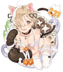 Rule 34 | 1girl, :d, absurdres, ahoge, alternate breast size, animal ears, animal hands, asymmetrical hair, bandaged arm, bandages, bare shoulders, bell, bikini, black collar, bowl, breasts, brown eyes, cat day, cat earrings, cat ears, cat paws, cat tail, collar, commentary, ear piercing, earrings, fang, front-tie bikini top, front-tie top, full body, fumita (humita322), hair over one eye, hair ribbon, highres, idolmaster, idolmaster cinderella girls, jewelry, light brown hair, looking at viewer, medium breasts, mismatched eyebrows, multiple earrings, mushroom, neck bell, necklace, no shoes, open mouth, piercing, pom pom (clothes), pot, ribbon, shirasaka koume, short eyebrows, short hair, skull necklace, smile, solo, stud earrings, swimsuit, tail, tail ornament, tail ribbon, thighhighs, white background, white bikini, white thighhighs
