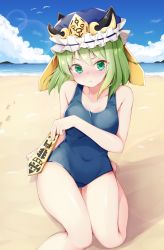 Rule 34 | 1girl, :&lt;, asymmetrical bangs, asymmetrical hair, bare shoulders, beach, blue hat, blue one-piece swimsuit, blue sky, blush, breasts, cleavage, cloud, collarbone, commentary request, commission, covered navel, covering breasts, covering privates, day, eyelashes, footprints, frills, green eyes, green hair, hat, hat ribbon, highres, holding, lens flare, looking at viewer, medium breasts, ocean, one-piece swimsuit, outdoors, ribbon, rod of remorse, rururiaru, shiki eiki, sidelocks, sitting, skeb commission, sky, solo, swimsuit, thighs, touhou, water