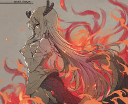Rule 34 | 1girl, :q, bare shoulders, breasts, closed mouth, commentary, copyright name, cowboy shot, dragon girl, dragon horns, dragon tail, english commentary, fire, from side, grey background, highres, horns, kobayashi-san chi no maidragon, long hair, long sleeves, looking at viewer, looking to the side, medium breasts, no pants, off shoulder, orange eyes, scales, shirt, sidelocks, simple background, smile, solo, standing, tail, tohru (maidragon), tonee, tongue, tongue out, very long hair