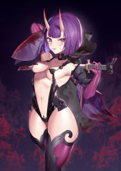Rule 34 | 1girl, absurdres, blood, blood on clothes, blood on face, blush, bob cut, breasts, elbow gloves, fangs, fate/grand order, fate (series), gloves, highres, horns, jingb dx, katana, leotard, medium breasts, navel, oni, purple eyes, purple hair, short eyebrows, shuten douji (fate), sideboob, skin-covered horns, smile, solo, sword, taimanin (series), thick thighs, thighhighs, thighs, tongue, tongue out, weapon