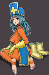 Rule 34 | 1girl, barefoot, blue hair, bodysuit, boots, brown eyes, dragon quest, dragon quest iii, feet, hat, highres, long hair, looking at viewer, lumina (artist), open mouth, priest (dq3), shoes, soles, stirrup legwear, toeless legwear, toes, unworn boots, unworn shoes
