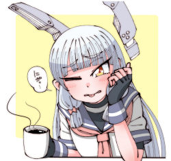 Rule 34 | 1girl, black gloves, black shirt, blue sailor collar, coffee cup, collared shirt, commentary request, cup, disposable cup, dress, fingerless gloves, floating headgear, gloves, grey hair, hair ribbon, headgear, highres, holding, holding cup, kantai collection, long hair, murakumo (kancolle), necktie, one eye closed, orange eyes, red necktie, ribbon, sailor collar, sailor dress, shin (shin k009), shirt, short sleeves, sidelocks, speech bubble, thick eyebrows, tongue, tongue out, translation request, tress ribbon, yellow background