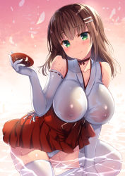 Rule 34 | 1girl, bare shoulders, blush, breasts, brown hair, closed mouth, covered erect nipples, cup, elbow gloves, gloves, green eyes, hair ornament, hairclip, hakama, hakama short skirt, hakama skirt, japanese clothes, large breasts, looking at viewer, miniskirt, nipples, nontraditional miko, original, panties, red skirt, ribbon-trimmed gloves, ribbon trim, sakazuki, sanshoku amido, see-through, sidelocks, sitting, skirt, smile, solo, thighhighs, underwear, wet, wet clothes, white gloves, white panties, white thighhighs