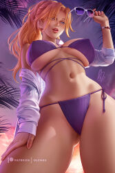 Rule 34 | 1girl, bikini, bleach, blonde hair, blue eyes, breasts, commentary, covered erect nipples, english commentary, eyes visible through hair, unworn eyewear, from below, gluteal fold, large breasts, lips, long hair, looking at viewer, matsumoto rangiku, mole, mole under mouth, navel, olchas, open clothes, open mouth, open shirt, palm tree, purple bikini, side-tie bikini bottom, solo, sunglasses, sunset, swimsuit, tree, watermark