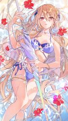 Rule 34 | 1girl, bare shoulders, bikini, blonde hair, breasts, capelet, flower, hair flowing over, hanagata, heaven burns red, highres, holding, holding weapon, long hair, looking at viewer, medium breasts, official alternate costume, parted lips, purple bikini, red eyes, red flower, shirakawa yuina, solo, swimsuit, water, weapon, white capelet