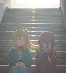 2girls ahoge backlighting blonde_hair bocchi_the_rock! bow bowtie cardigan chinese_commentary closed_mouth commentary_request cube_hair_ornament cup drinking gotoh_hitori green_cardigan hair_ornament hair_scarf highres holding holding_cup ijichi_nijika indoors jacket jiankun_yu long_hair long_sleeves looking_at_another looking_to_the_side multiple_girls on_stairs one_side_up open_cardigan open_clothes orange_eyes pink_hair pink_jacket pink_track_suit red_bow red_bowtie side_ponytail sitting smile sunlight track_suit