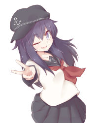 Rule 34 | 1girl, absurdres, akatsuki (kancolle), anchor symbol, bad id, bad pixiv id, badge, black hair, black sailor collar, black skirt, commentary request, cowboy shot, flat cap, hair between eyes, hat, highres, kantai collection, long hair, looking at viewer, messy hair, munekawa momo, neckerchief, one eye closed, open mouth, pleated skirt, purple eyes, red neckerchief, sailor collar, school uniform, serafuku, skirt, smile, solo, v