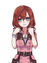 Rule 34 | 1girl, abitama, belt, belt buckle, black belt, blue eyes, bracelet, breasts, bright pupils, brown hair, buckle, buttons, closed mouth, collarbone, dress, eyes visible through hair, hood, jewelry, kairi (kingdom hearts), kingdom hearts, kingdom hearts iii, looking at viewer, medium breasts, necklace, pink dress, simple background, smile, solo, twitter username, unzipped, white background, zipper, zipper pull tab