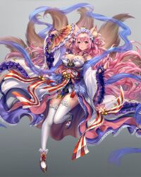 Rule 34 | 1girl, animal ears, bell, breasts, curly hair, floral print, flower hair ornament, fox girl, full body, gradient background, hand fan, heels, highres, japanese clothes, kimono, kitsune, large breasts, long hair, lunarmimi, multiple tails, one leg raised, original, pink eyes, pink hair, rose print, shoes, skirt, smile, tail, thighhighs, very long hair