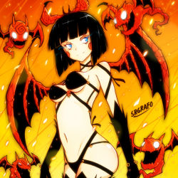 Rule 34 | 1girl, andre rojas (srgrafo), black gloves, blue eyes, blunt bangs, blush stickers, bob cut, bow, breasts, chloe (r/animemes), choker, commentary, dark persona, demon girl, demon wings, elbow gloves, english commentary, evil smile, familiar, gloves, glowing, glowing eyes, hair bow, medium breasts, navel, orange bow, reddit, revealing clothes, ribbon choker, slit pupils, smile, solo, underboob, wings