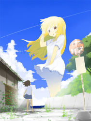 Rule 34 | 2girls, blonde hair, brown hair, child, cloud, from below, giant, giantess, holding, holding clothes, holding skirt, long hair, mm, multiple girls, ocean, red eyes, school uniform, shore, size difference, skirt, sky, traffic light, wind